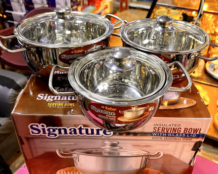 Signature Insulated Stainless Steel Serving Bowl Set With Glass Lid 3 pcs by cooknex