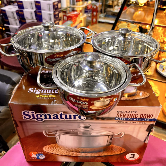 Signature Insulated Stainless Steel Serving Bowl Set With Glass Lid 3 pcs by cooknex