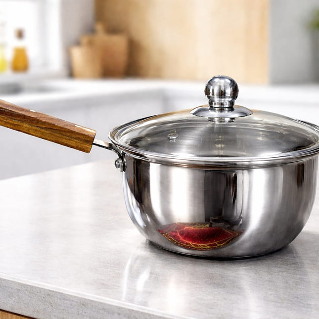 Stainless Steel Sauce Pan Wooden Handle With Glass Lid  by cooknex