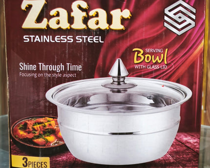 Zafar Stainless Steel 3 Pcs Serving Bowl Set With Glass Lid