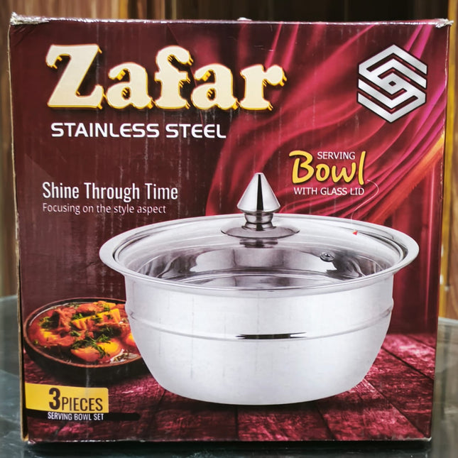 Zafar Stainless Steel 3 Pcs Serving Bowl Set With Glass Lid