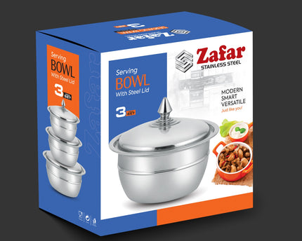 Zafar Stainless Steel 3 Pcs Serving Bowl Set With Steel Lid by cooknex
