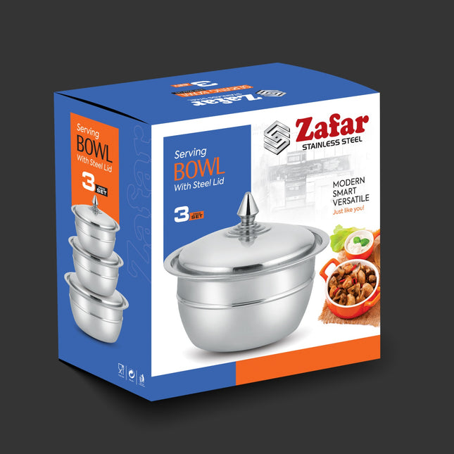 Zafar Stainless Steel 3 Pcs Serving Bowl Set With Steel Lid by cooknex