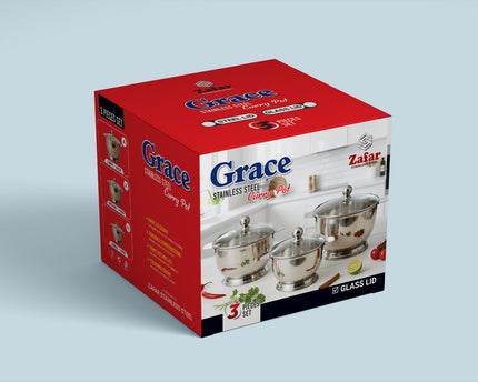 Grace Stainless Steel 3 Pcs Curry Pot Set With Glass Lid by cooknex