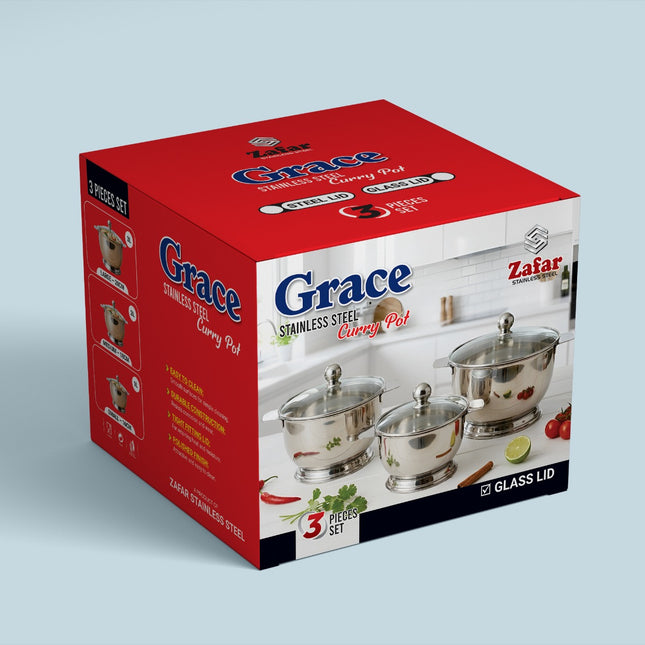Grace Stainless Steel 3 Pcs Curry Pot Set With Glass Lid by cooknex