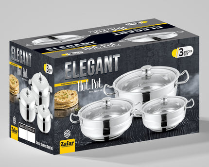 Elegant Stainless Steel Hot Pot Set With Glass Lid 3 pcs