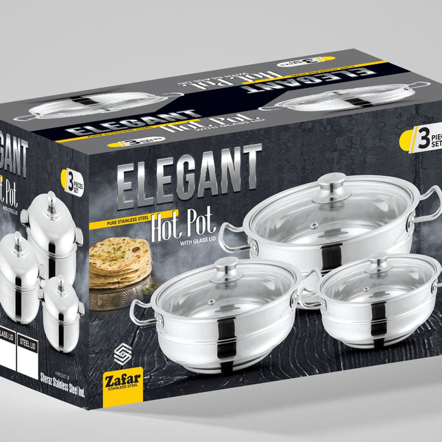 Elegant Stainless Steel Hot Pot Set With Glass Lid 3 pcs