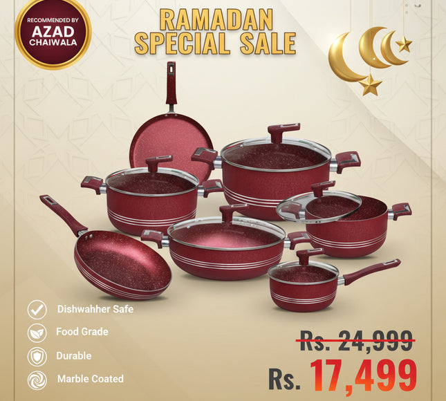 maroon colour nonstick marble coating cooking set best quality nonstick gift set with stylish knobs and glass lid at best price from best nonstick cookware brand in Pakistan - cooknex