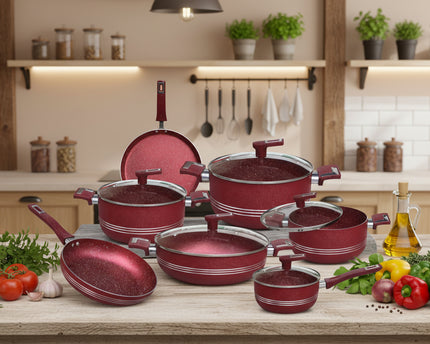 Set of red cookware with speckled texture from best cookware brand in Pakistan by cooknex. nonstick marble coating kitchenware set 