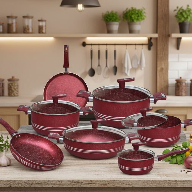 Set of red cookware with speckled texture from best cookware brand in Pakistan by cooknex. nonstick marble coating kitchenware set 